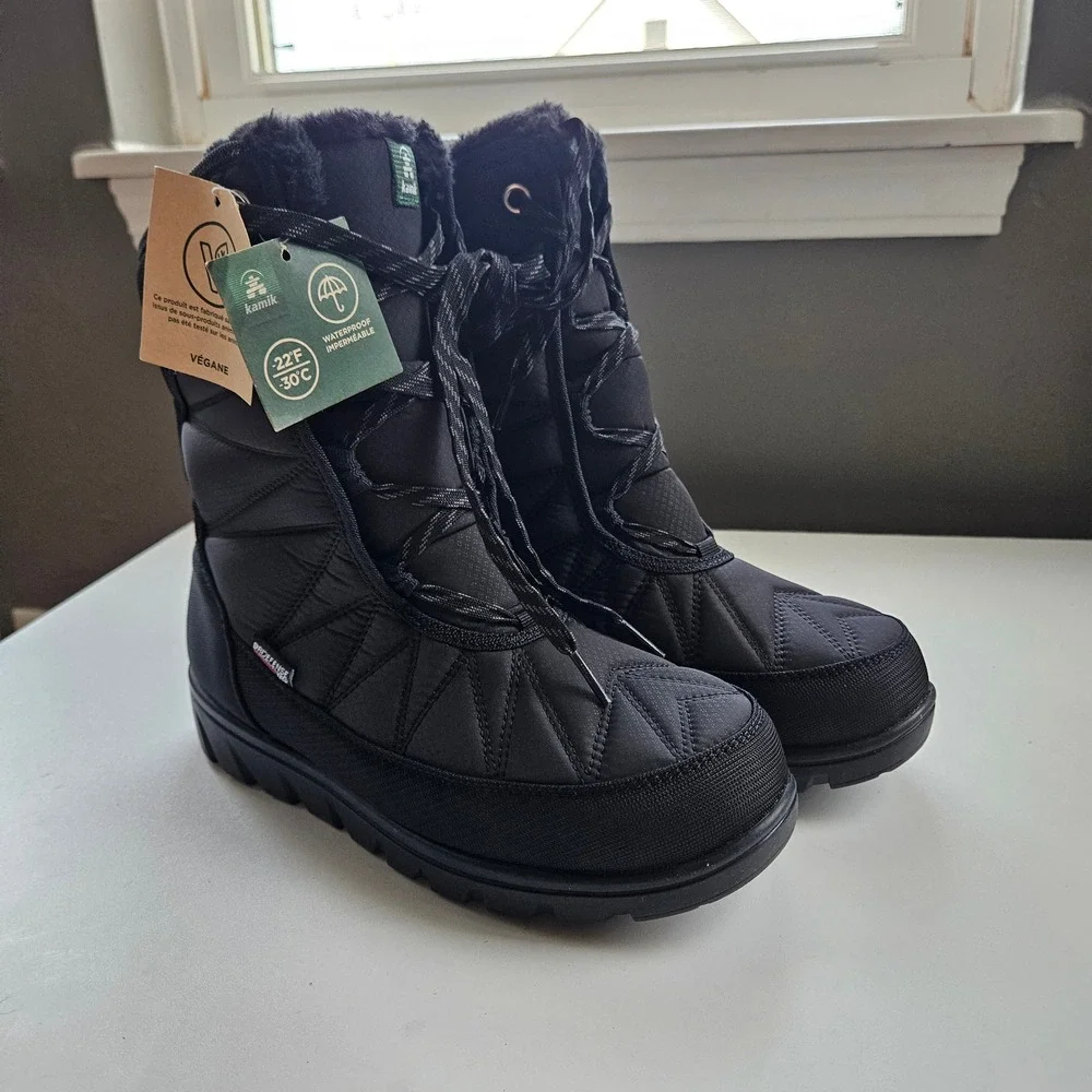 Kamik Hannah Mid Winter Boots Womens 8 Black Waterproof Snow Lace Up Fleece
